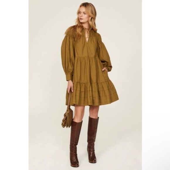 Ulla Johnson Rosa Puff-Sleeve Poplin Mini Dress in Willow Size 6 - Picture 4 of 12